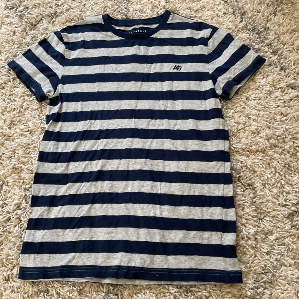 Aeropostale‎ Mens Striped Short Sleeve Crew Neck T-Shirt Navy Grey A87 Small